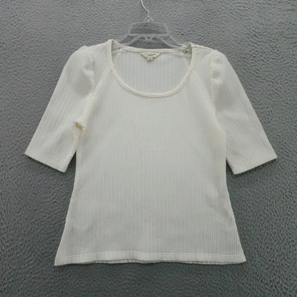 Max Studio London Women Cream Ribbed Scoop Neck Puff Sleeve Top Small NEW